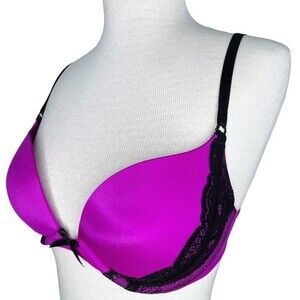 Victoria's Secret Very Sexy Push Up Bra 32D * Gel Pads Pink Satin Black Lace